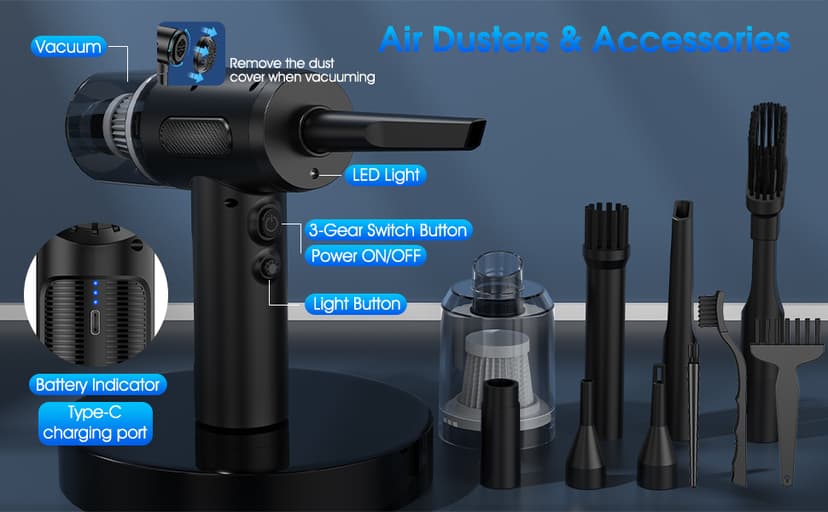 Compressed Air Duster, 100000RPM Handheld Car Vacuum/Air Blower& Pump, 3 Gear Adjustable Electric Air Duster/Car Vacuum Cleaner, Keyboard Duster with LED Light-10 Kits Air Blower for Computer(Black)