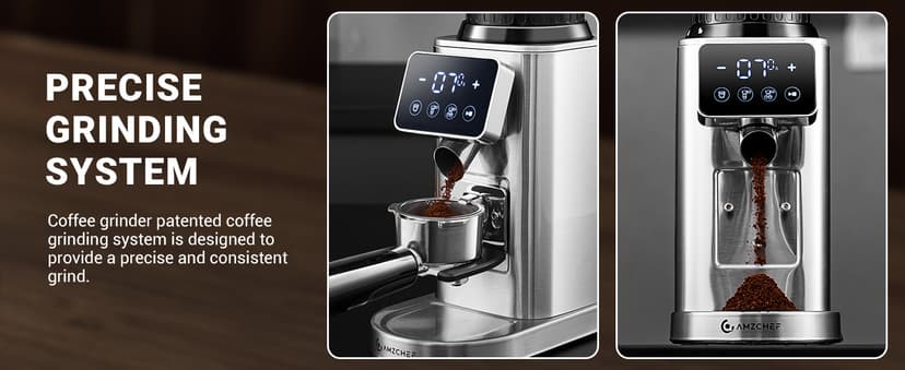 AMZCHEF Coffee Grinder, Coffee Bean Grinder for Home Use with Precise Grinding, LED Control Panel, Detachable Funnel Stand, Anti-static Design, 48 Grind Settings, silver