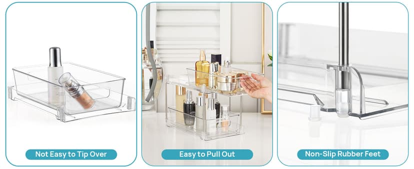 Vtopmart 4 Pack Bathroom Organizer, 2 Tier Clear Under Sink Organizers Vanity Countertop Storage Container,Cabinet Drawers Bins, Pull-Out Organization with Track for Pantry, Kitchen