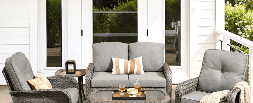 ovios 5 Pieces Patio Furniture Set, Outdoor Wicker Sofa with Swivel Chairs, Coffee Table, All Weather High Back Rattan Loveseat Couch with Comfy Cushions, Dark Grey