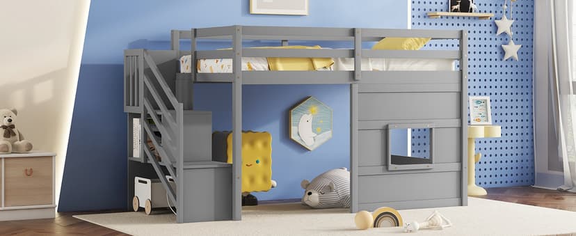 Twin Size Low Loft Bed with Stairs, Kids Loft Bed with Storage,Solid Wood Twin Loft Bed Frame for Kids, Space Saving Low Loft Bed for Boys, Girls, White