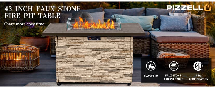 43" Propane Fire Pit Table Outdoor Stone Firepit Table Rectangular 50000 BTU Propane Fire Tables for Outside Patio with Wind Guard, Table Lid, Fire Beads, Cover,Pizzello Caldo (Buff)