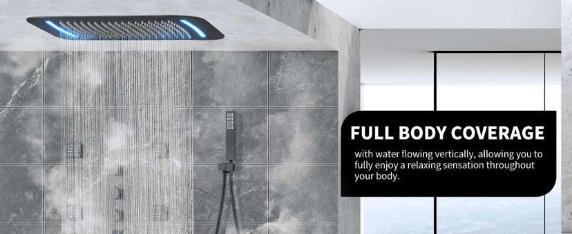 Matte Black Thermostatic Shower System Digital Display Full Body Shower System with 16 x 26 Inch Ceiling Rain LED Shower Head, Handheld Shower and 6 PCS Body Jets