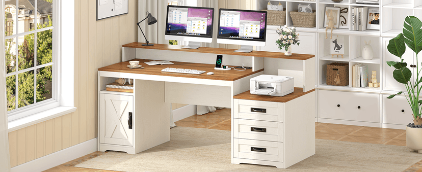 TVU Farmhouse Computer Desk with Drawers, 65'' Home Office Desk with Power Outlets, Storage Cabinet and Printer Stand, Study Writing Desks with Long Monitor Stand, White