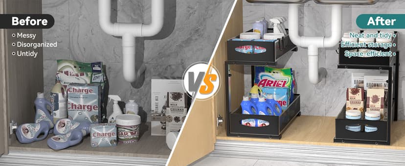 2 Pack Under Sink Organizer, 2 Tier Metal Pull Out Under Sink Storage with Sliding Mesh Drawers, Height Adjustable Slide Out Under Sink Organizer for Kitchen Bathroom Cabinet, Black