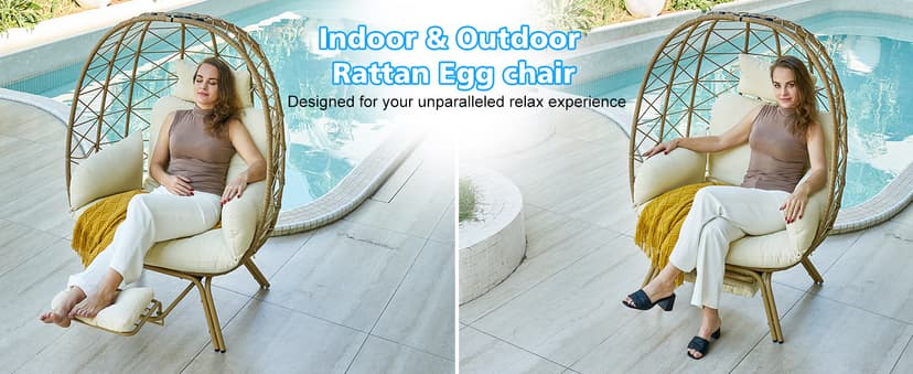 Wicker Egg Chair with Footrest & Cushions - Oversized 450lb Capacity Boho Wicker Egg Chair with Ottoman for Indoor/Outdoor - Beige Rattan Lounge Seat for Patio, Balcony, Garden, Home