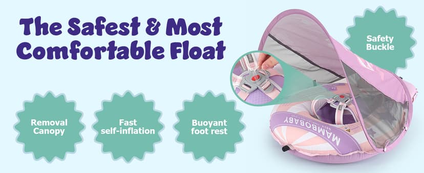 MAMBOBABYFLOAT Light Traveler 2025 — Safe, Comfortable, Adjustable Baby Pool Float with Canopy — Sun Protection, Self-Inflating, 5-Way Buckle System (Hot Air Balloon, Pink)