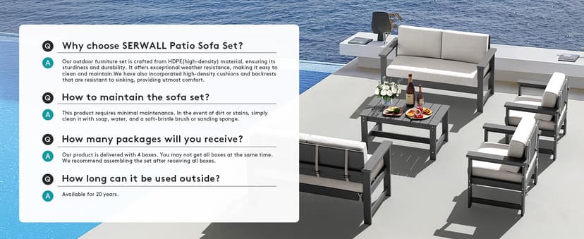 SERWALL 5 Pieces HDPE Outdoor Sofa Set with Cushions, All Weather Use Patio Conversation Couch Loveseat Furniture with Coffee Table for Balcony, Deck, Poolside, Grey Frame with Khaki Cushions