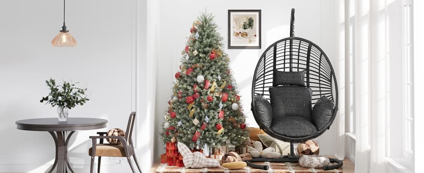 Oversized Hanging Egg Chair Outdoor Wicker Swing Chair with Stand Rain Cover UV Resistant Cushion 400lbs Capacity for Patio, Garden and Balcony