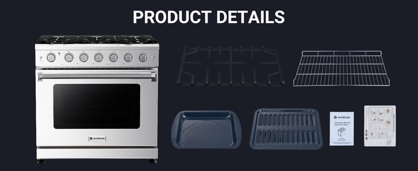 AAOBOSI 36 Inch Front Control Gas Range Oven with 6 Cooktop Burners, 6 Cu. Ft True Convection and Self Clean, Freestanding Stainless Steel Heavy Duty Gas Range Stove with Halogen Light,Large Capacity