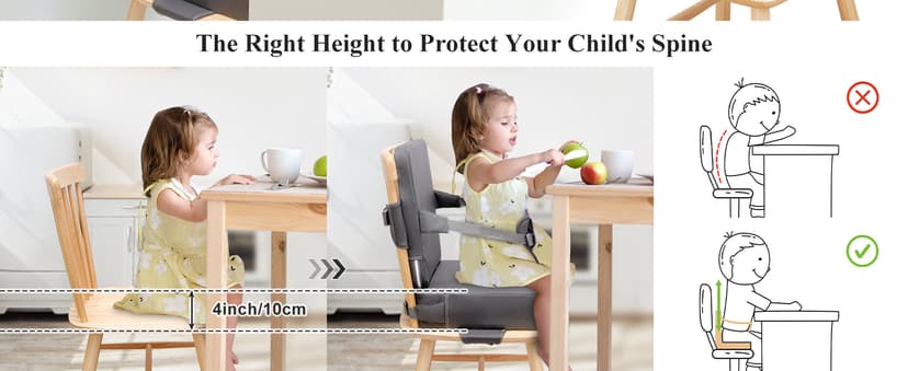 Toddler Booster Seat for Dining Table, Non-Slip Kitchen Chair Booster Seat with Backrest and Adjustable Straps, Portable PU Waterproof Travel Baby Booster Increasing Cushion