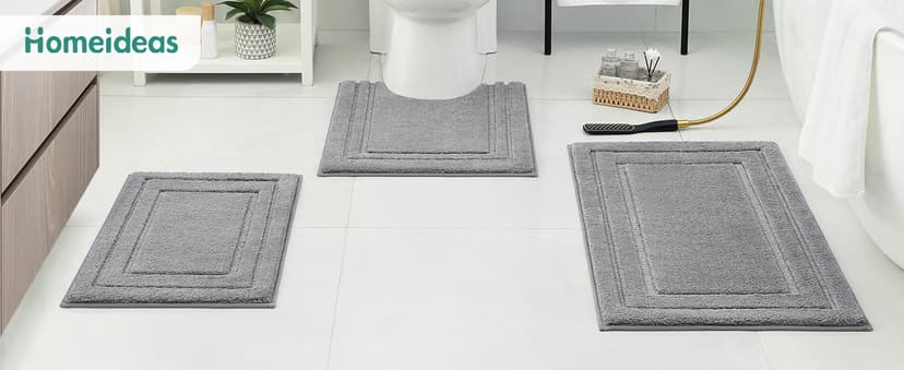 HOMEIDEAS Bathroom Rugs Sets 3 Piece, Super Soft and Absorbent Non Slip Microfiber Toilet Bath Mat with U-Shaped (Grey)