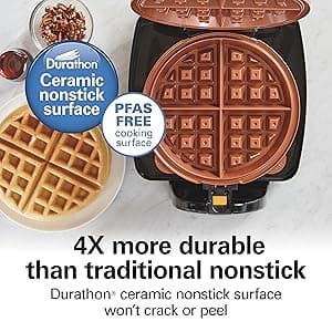 Hamilton Beach Belgian Waffle Maker with Removable PFAS-Free Durathon Nonstick Coated Plates, Easy Flip, Ceramic Grids, Black (26031)