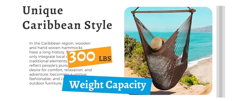 Upgraded Caribbean Hammock Chair with Detachable Metal Bar, Large Hammock Swing Chair, XL Rope Hanging Chair for Outdoor Indoor, 330 LBS Weight Capacity, Burlywood