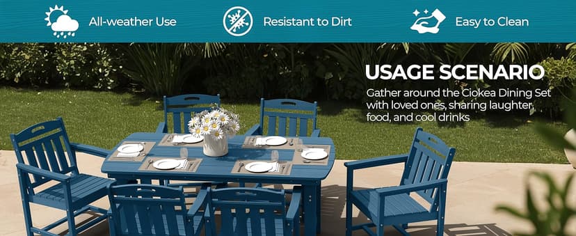 HDPE Outdoor Dining Set 7-Piece Patio Table and Chairs with Umbrella Hole, All-Weather Patio Dining Set for 6, Durable Patio Furniture Set for Backyard, Garden, Lawn & Poolside, Grey