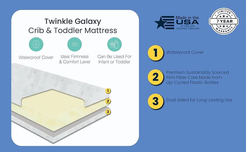 Delta Children Twinkle Galaxy Dual Sided Crib and Toddler Mattress - Premium Sustainably Sourced Fiber Core - Waterproof - GREENGUARD Gold Certified (Non-Toxic) - 7 Year Warranty - Made in USA