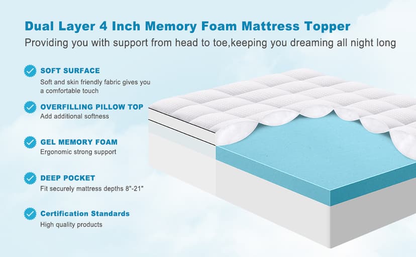 MASVIS King Size Dual Layer 4 Inch Memory Foam Mattress Topper, 2 Inch Gel Memory Foam and 2 Inch Cooling Pillow Top Mattress Pad Cover for Back Pain, Medium Support