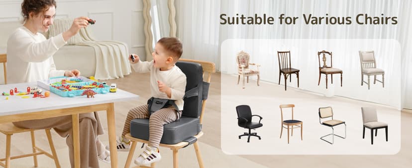 HOMEAL Booster Seat for Kitchen Chair, Breathable Toddler Booster Seat for Dining Table with Backrest and Adjustable Straps, Portable Travel Toddler Booster Seat, Dark Grey