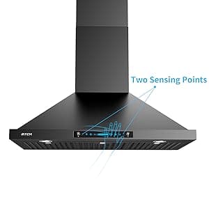 IKTCH 36 inch Black Wall Mount Range Hood, 900 CFM Ducted/Ductless Stainless Steel Vent Hood with Gesture Sensing & Touch Control Switch Panel, 2 Pcs Adjustable Lights(IKP02-36-BSS)