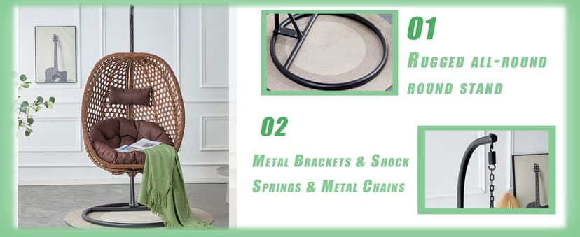 Egg Swing Chair Outdoor with Stand, Hanging Egg Rattan Basket Chair with Cushion and Pillow, Lounge Chairs, Foldable Basket and Metal Stand for Porch, Patio, Bedroom, Balcony,Yard (Grey)