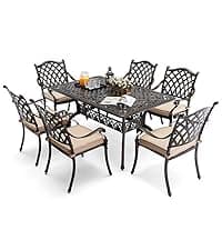 7 Piece Outdoor Dining Set Cast Aluminum, Retro Patio Dining Furniture Set for 6 Includes 59” Rectangular Table 2 Swivel Chairs with Thicker Cushions and Umbrella Hole for Patio Deck Garden