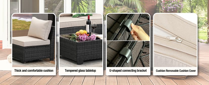 6 Pieces Patio Furniture Set All-Weather Outdoor Wicker Sectional Conversation Sofa Rattan Patio Seating Sofa with Cushion and Glass Table for Porch Poolside,Beige