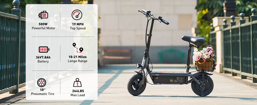 iScooter Electric Scooter with Seat, 37/21 Miles Long Range & 28/19/15.6 MPH Top Speed, 14"/12"/10" Pneumatic Tire, Height Adjustable Seat & Handlebar, Dual Suspensions Commuting Scooter with Basket