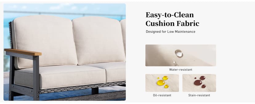 HDPE Outdoor Patio Furniture 4-Piece Set, All Weather Modern Patio Conversation Sets with Wood-grain Extended Table, Outdoor Patio Couch Set, Black Frame with Beige 4.7" Thick Cushions