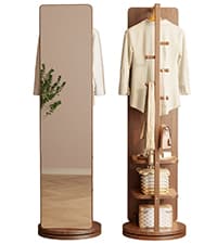 Solid Wood Rotary Coat Rack, Freestanding Coat Rack with 3 Shelves and 9 Hooks, Coat tree for Bedroom, Entryway, Livingroom, Coat Hanger Stand for Coats, Scarves, Handbags (Walnut)