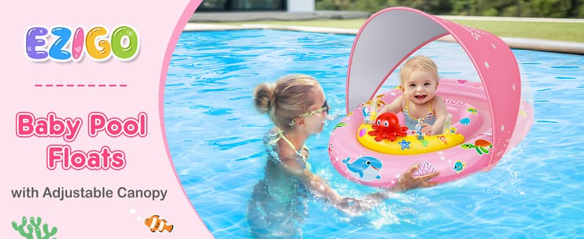 EZIGO Baby Pool Float with Canopy UPF50+ Sun Protection, Inflatable Kids Pool Floats with Ocean Animal Toys for Baby 6-36 Months, Infant Swimming Float with Adjustable Safety Seat for Boys Girls