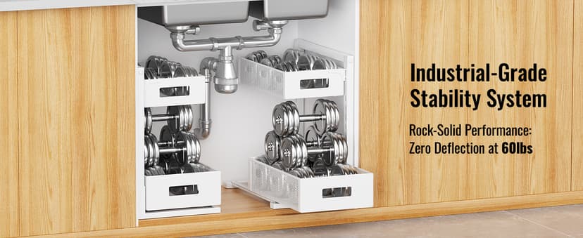 Pull-out Under Kitchen Sink Organizer, Metal Functional Under Sink Organizer, Height Adjustable Under Bathroom Sink Organizer, Under Sink Storage for Kitchen Bathroom Cabinet (White)