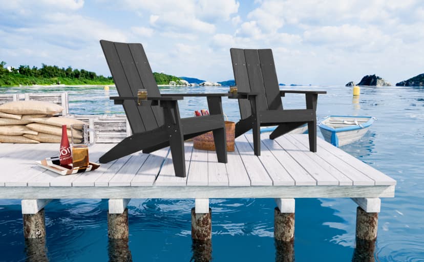 MXIMU Modern Adirondack Chairs Set of 4 Weather Resistant with Cup Holder Oversize Plastic Fire Pit Chairs Plastic Outdoor Chairs for Firepit Area Seating (Black)