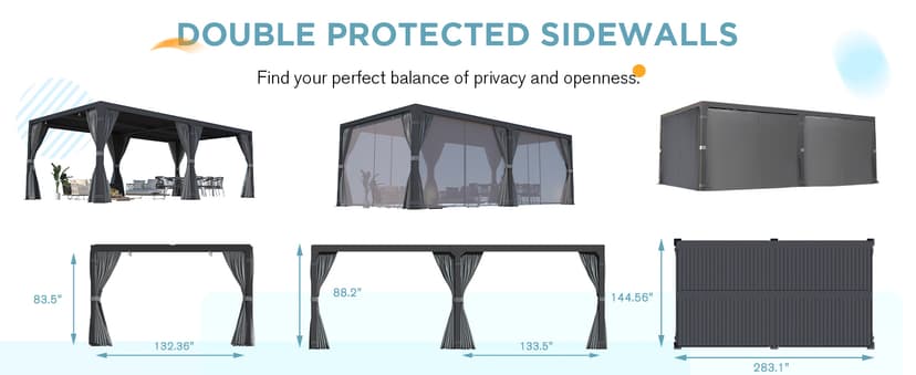 EROMMY Louvered Pergola 12' x 24' Outdoor Hard Top Pergola with Aluminum Frame and Adjustable Metal Rainproof Roof for Garden & Patio, Curtains and Netting Included, Gray-Black