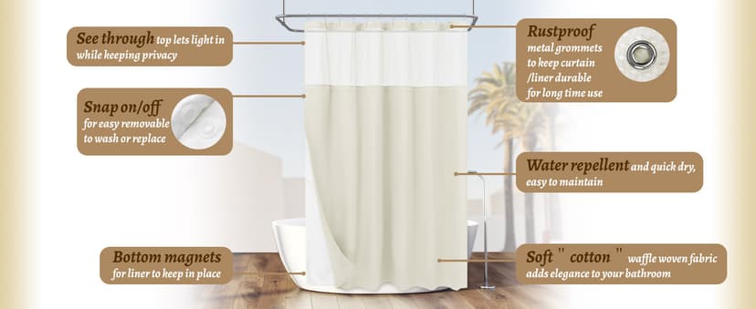 N&Y HOME Waffle Weave Shower Curtain with Snap-in Fabric Liner & Hooks Set - Hotel Style Cream Shower Curtain for Bathroom, Water-Repellent & Washable, Mesh Top Window - 71x72, Cream