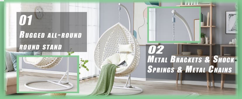 Egg Swing Chair Outdoor with Stand, Hanging Egg Rattan Basket Chair with Cushion and Pillow, Swinging Egg Chair, Foldable Basket and Metal Stand for Porch, Patio, Bedroom, Balcony,yard (White)