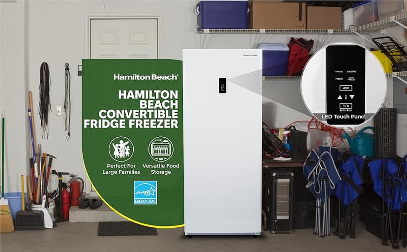 Hamilton Beach HZ8971 17 cu ft Upright Convertible Fridge/Freezer-Frost Free-Reversible Door-Removable Glass Shelves-LED Interior Light, White