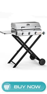 Onlyfire BBQ Gas Grill 3-Burner with Foldable Cart & Side Table, Portable Propane Grill with Lid for Outdoor Patio Backyard Barbecue Camping Tailgating RV Trip, Stainless Steel, GS308