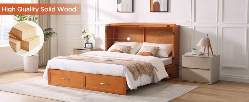 Queen Murphy Bed with Tri-Folding Mattress, Space-Saving Queen Size Wall Bed Built-in Charging Station, Foldable Murphy Bed Cabinet with 2 Storage Drawers for Bedroom, Guest Room, Cherry