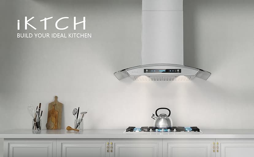 IKTCH 30-inch Wall Mount Range Hood Tempered Glass 900 CFM, Kitchen Chimney Vent Stainless Steel with Gesture Sensing & Touch Control Switch Panel, 2 Pcs Adjustable Lights(IKP03-30)