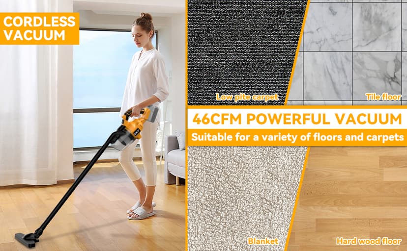 Cordless Vacuum for Dewalt 20V Battery, 5 in 1 Handheld Electric Vacuum Cleaner with 500W Powerful Motor, 46 CFM Portable Hand Vacuum with Filtration HEPA for Floor, Carpet, Car (Battery Not Included)