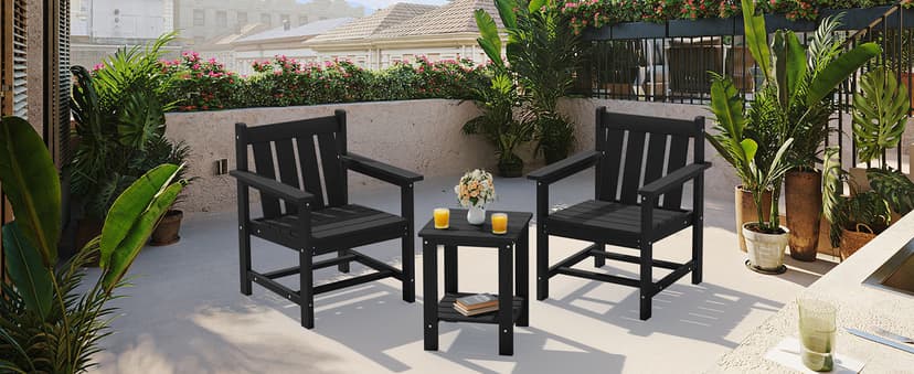 SERWALL 3 Pieces Patio Bistro Set, All Weather Adirondack Chair Set with Side Table, HDPE Material Outdoor Patio Furniture Set for Balcony, Porch, Garden, Backyard- Black