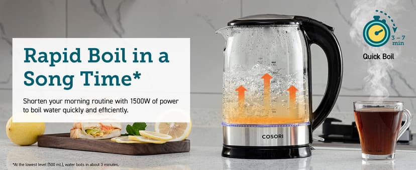 COSORI Speed-Boil Electric Tea Kettle, 1.7L Hot Water Kettle (BPA Free) 1500W Auto Shut-Off & Boil-Dry Protection, LED Indicator Inner Lid & Bottom, Transparent