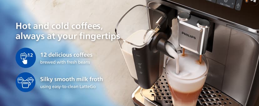 Philips 4400 Series Fully Automatic Espresso Machine – 12 Hot & Iced Coffees, Quick-to-Clean LatteGo Milk System, SilentBrew, QuickStart, Ceramic Grinder, Black Chrome (EP4444/90)