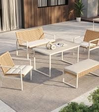 Grand patio 4-Piece Outdoor Furniture Set with Gas Fire Pit Table, Aluminum Patio Sofa Set for 8 with Faux Wood Grain Finish, Modern Patio Couch Sofa with Outdoor Bench and Chaise for Backyard