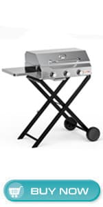 Onlyfire BBQ Gas Grill 3-Burner with Foldable Cart & Side Table, Portable Propane Grill with Lid for Outdoor Patio Backyard Barbecue Camping Tailgating RV Trip, Stainless Steel, GS308