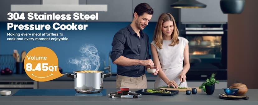 BreeRainz 8.45QT 304 Stainless Steel Pressure Cooker, 3-Stage PSI Settings, One-Hand Locking,Explosion-Proof Pot w/Extra Glass Lid, Timer, Steaming Rack(Induction Compatible)