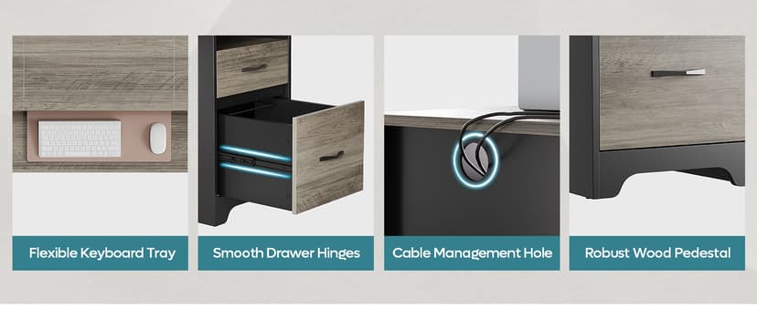 Bestier 59” Computer Desk with 4 Drawers, Office Desk with Storage, Industrial Executive Desk with File Drawer, Keyboard Tray & 2 Pedestals on Both Sides for Home Office & Studio, Grey