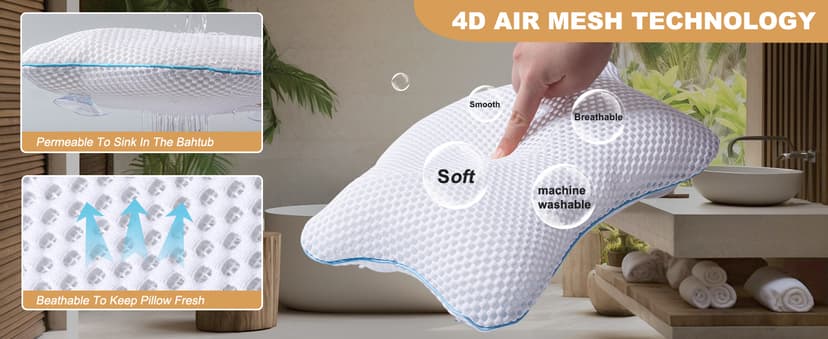 Non Slip Bath Pillow, Luxury Spa Bathtub Head & Neck Rest Support, Permeable Quick Drying Air Mesh Tub Pillow with 4 Large Suction Cups, Fits Any Tubs, Soft and Relaxing