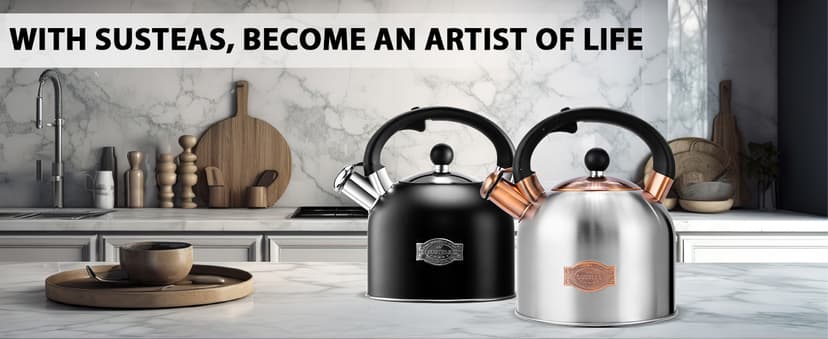 SUSTEAS Tea Kettle - 3.17QT Whistling Kettle with Ergonomic Handle - Premium Stainless Steel Tea Pots for Stove Top, Chic Vintage Teapot with Composite Base, Work for All Stovetops (Black)