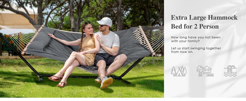 SUNCREAT Double Outdoor Hammock with Stand, Two Person Cotton Rope Hammock with Polyester Pad, Dark Gray